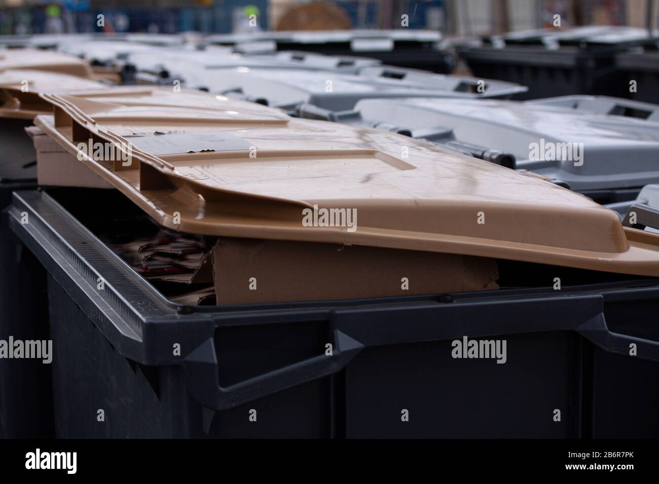 Modern plastic garbage bins standing side by side filled with trash. Selective focus image. Stock Photo