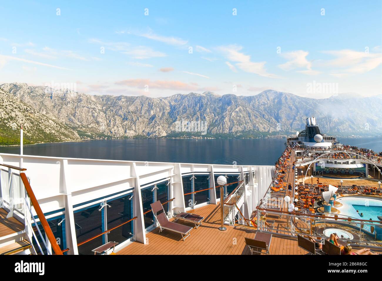 View from the upper level deck of a large cruise ship in the Bay of Kotor on the Adriatic in Kotor, Montenegro. Stock Photo