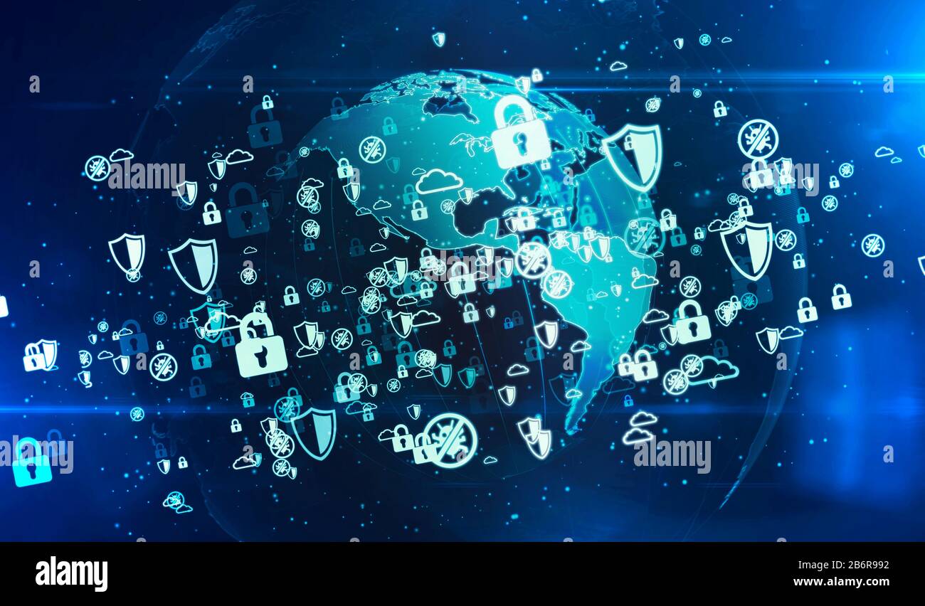 Cyber security, computer protection and digital safety symbols on digital  globe 3d illustration. Abstract concept background of future technology,  bus Stock Photo - Alamy
