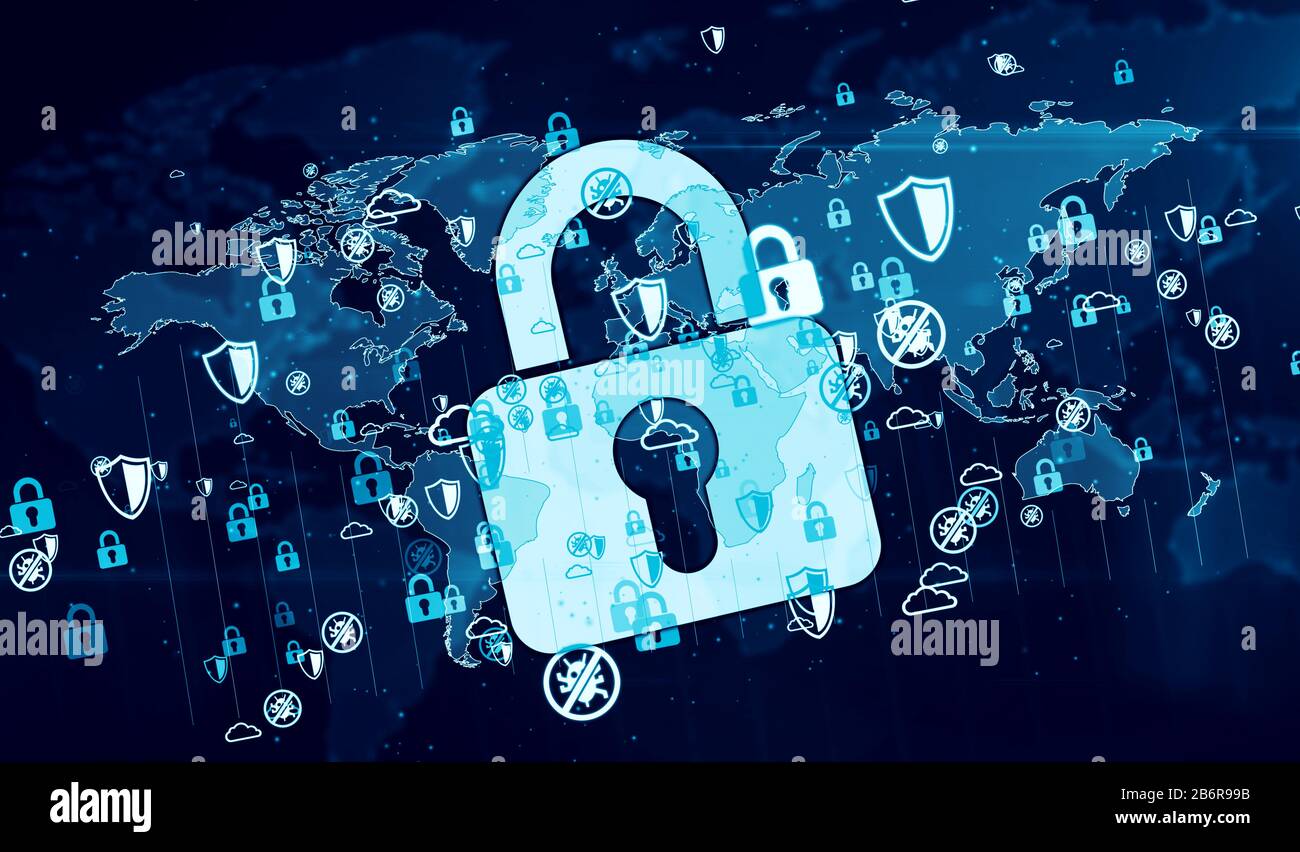 Cyber security, computer protection and digital safety symbols on