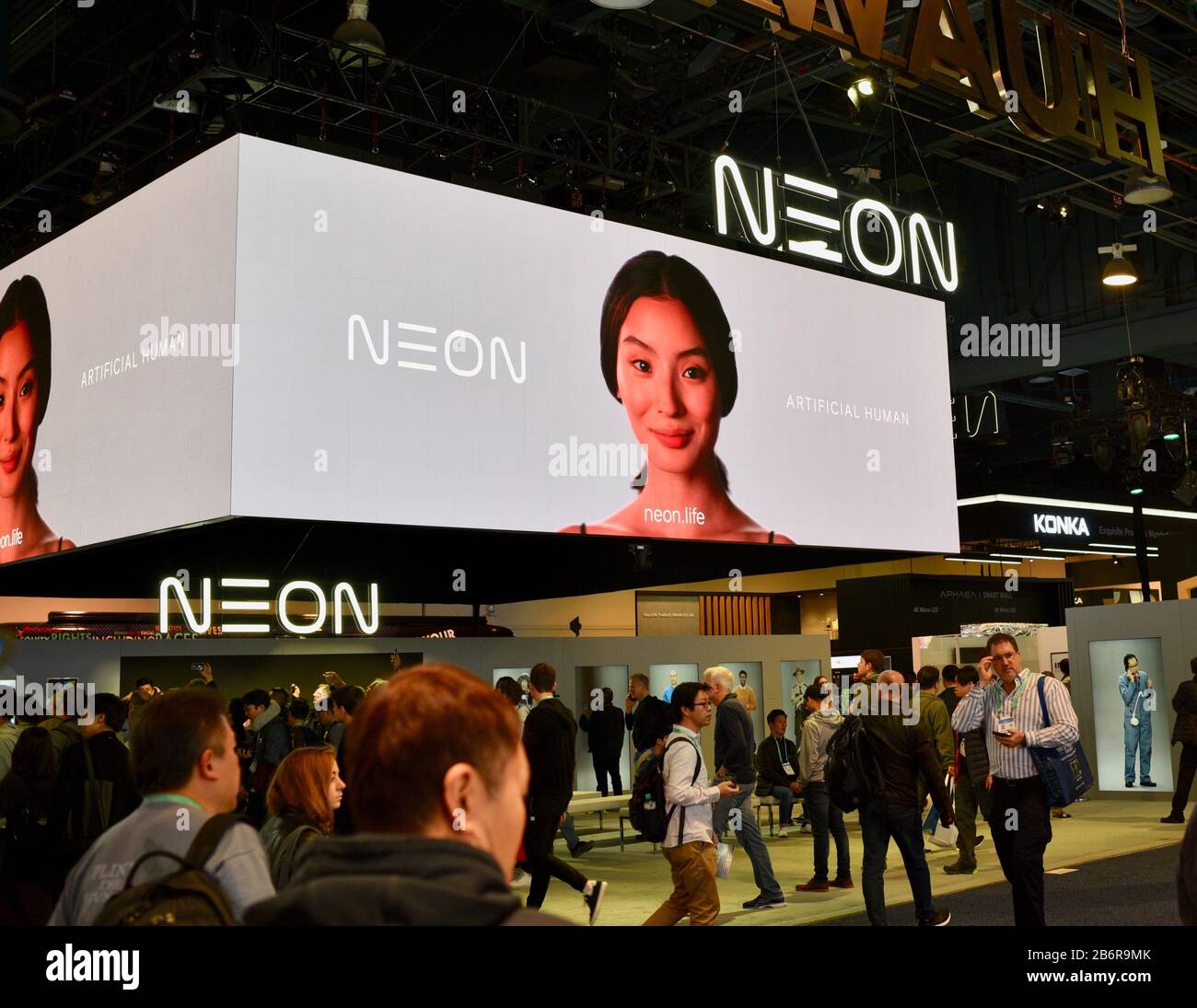 Samsung lab-funded, Star Labs, reveal Artificial Intelligence-powered (AI) lifeforms, a woman, on TV monitor screens at CES, Las Vegas, NV, USA Stock Photo