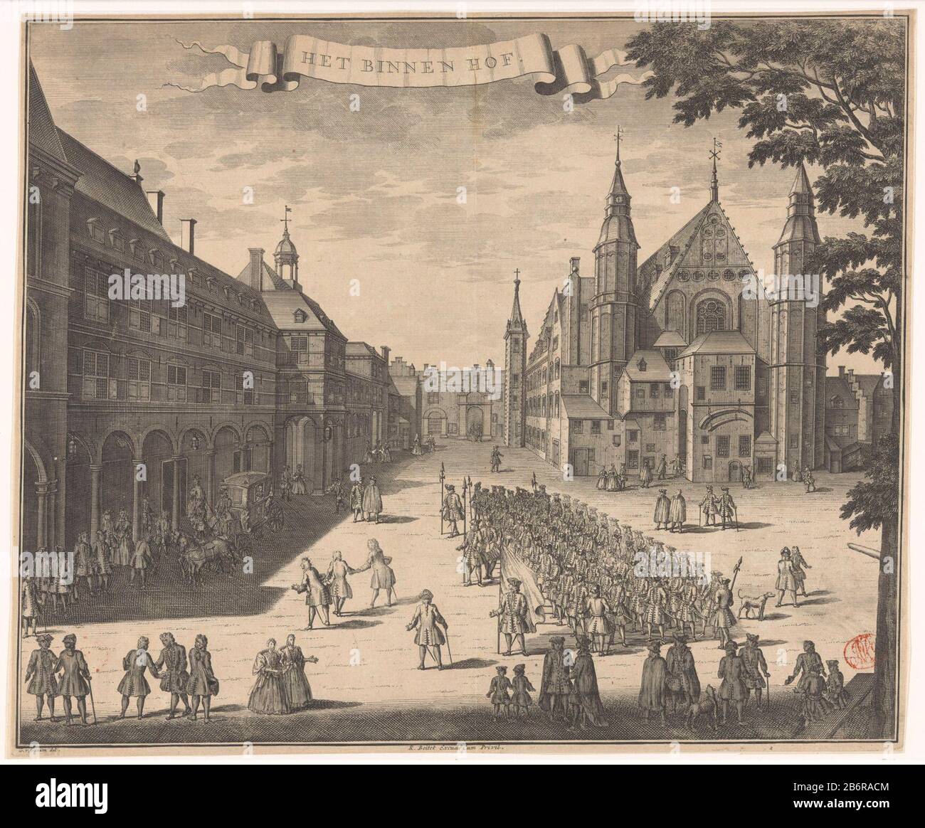Gezicht op het Binnenhof te Den Haag Het Binnen hof (titel op object) View of the Binnenhof in the Hague, with the square several figuren. Manufacturer : printmaker: anonymous to drawing: Gerrit van Giessen (listed building) publisher: Reinier Boitet (listed building) publisher: Adrianus Douci Pietersz Grantor of privilege unknown (listed property) Place manufacture: from drawing: The Hague Publisher: Delft Publisher: Amsterdam Date: 1730 - 1736 Material: paper Technique: etching / engra (printing process) Dimensions: sheet: h 286 mm (cut up in a plate edge) plate edge b 345 mmToelichtingPrent Stock Photo