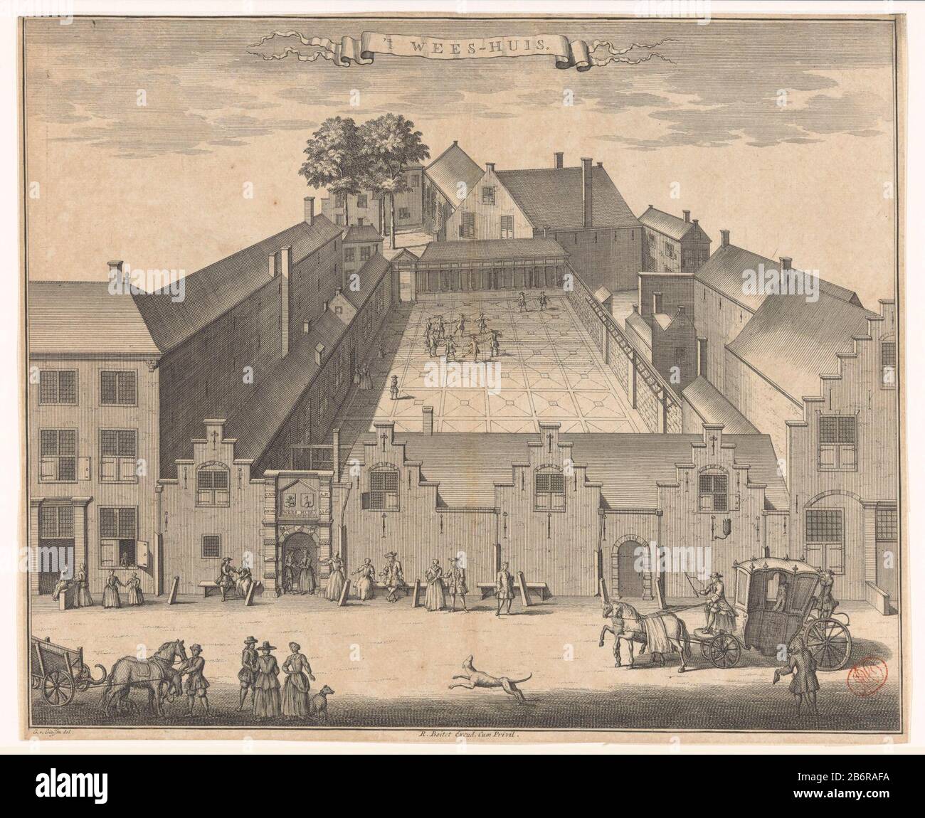Gezicht op het Burgerweeshuis te Den Haag 't Wees-huis (titel op object) View of the orphanage in the Hague since 1576 located in the former Convent of Saint Agnes Westeinde. Children playing in the courtyard. At the state different figures, and a koets. Manufacturer : print maker: anonymously to drawing of: Gerrit van Giessen (indicated on object) publisher: Reinier Boitet (indicated on object) publisher: Adrianus Douci Pietersz Grantor of privilege: unknown (indicated on object) Place manufacture: to order of: the Hague Publisher: Delft Publisher: Amsterdam Date: 1730 - 1736 Material: paper Stock Photo