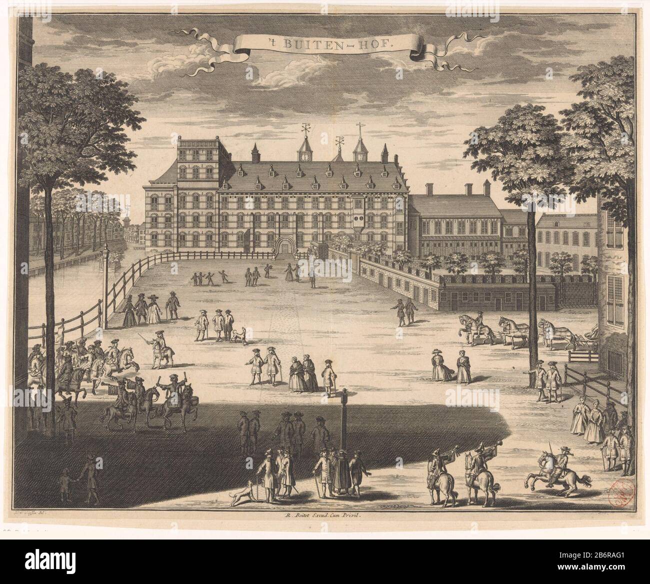 Gezicht op het Buitenhof te Den Haag 't Buiten-hof (titel op object) View of the Buitenhof, the Hague, in the background the Courtyard. On the Buitenhof several figures and ruiters. Manufacturer : print maker: anonymously to drawing of: Gerrit van Giessen (indicated on object) publisher: Reinier Boitet (indicated on object) publisher: Adrianus Douci Pietersz Grantor of privilege: unknown (indicated on object) Place manufacture: to order of: The Hague Publisher: Delft Publisher: Amsterdam Date: 1730 - 1736 Material: paper Technique: etching / engra (printing process) Measurements: sheet: h 281 Stock Photo