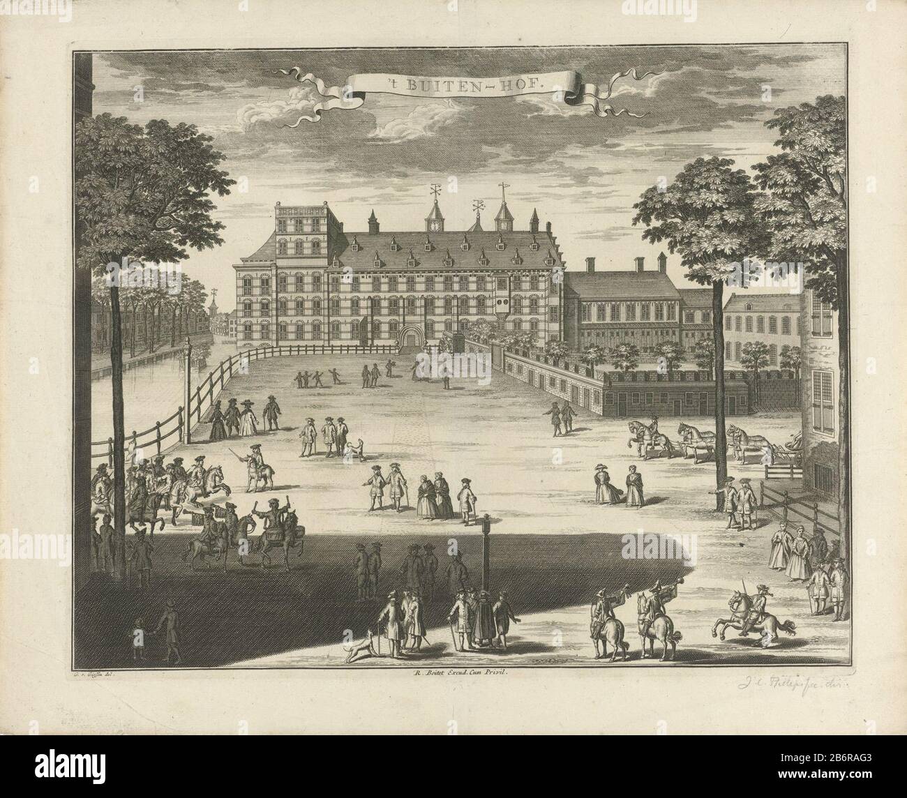 Gezicht op het Buitenhof te Den Haag 't Buiten-hof (titel op object) face on the Buitenhof, the Hague, in the background the Courtyard. On the Buitenhof several figures and ruiters. Manufacturer : print maker: anonymously to drawing of: Gerrit van Giessen (indicated on object) publisher: Reinier Boitet (indicated on object) publisher: Adrianus Douci Pietersz Grantor of privilege: unknown (indicated on object) Place manufacture: to order of: the Hague Publisher: Delft Publisher: Amsterdam Date: 1730 - 1736 Material: paper Technique: etching / engra (printing process) Measurements: plate edge: h Stock Photo