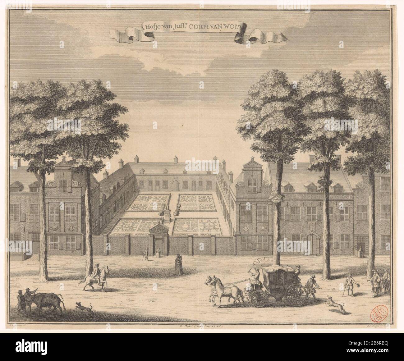 View of the courthouse of Kite to the Lange Beestenmarkt The Hague. Behind the gate building, the interior surrounded by the houses. In the middle of the inside a water pump. Street several figuren. Manufacturer : printmaker Jan Caspar Philips (listed building) supervision: Jan Caspar Philips (listed property) to drawing: Gerrit van Giessen (listed building) publisher: Reinier Boitet (listed building) publisher: Adrianus Douci Pietersz Provider of privilege unknown (listed property) Place manufacture: from drawing: The Hague Publisher: Delft Publisher: Amsterdam Date: 1730 - 1736 Material: pap Stock Photo