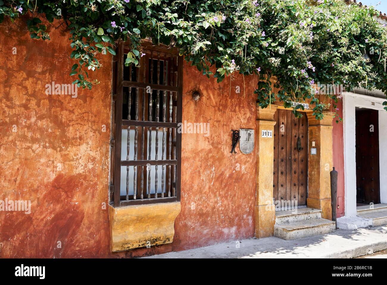 Colourful facade of house in old town,  Cartagena, Colombia Stock Photo