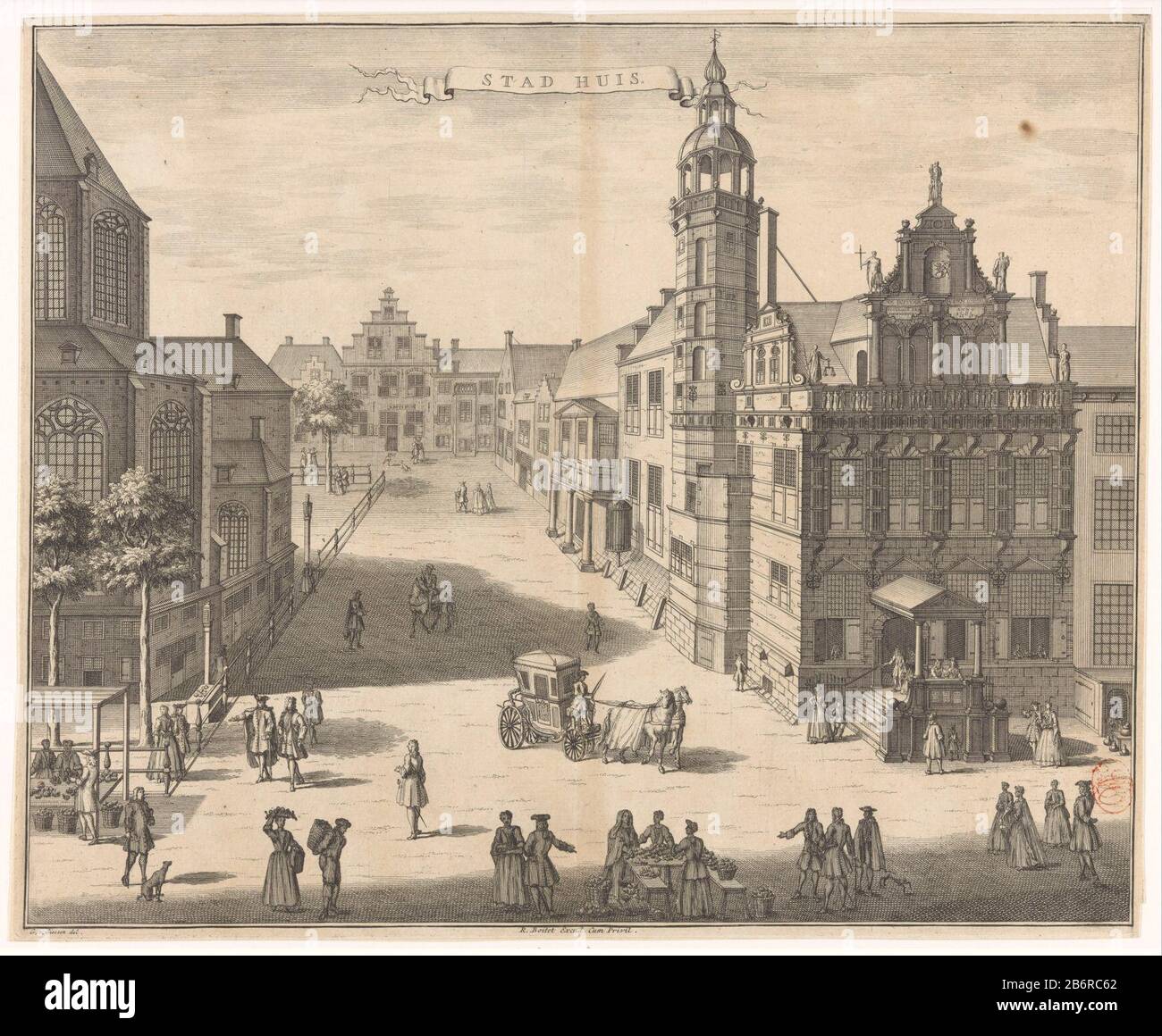 Gezicht op het Oude Stadhuis te Den Haag Stad huis (titel op object) View of the Old Town Hall in the Hague (right). Left part of the Great Church. At the state different figures, and a koets. Manufacturer : print maker: anonymously to drawing of: Gerrit van Giessen (indicated on object) publisher: Reinier Boitet (indicated on object) publisher: Adrianus Douci Pietersz Grantor of privilege: unknown (indicated on object) Place manufacture: to order of: the Hague Publisher: Delft Publisher: Amsterdam Date: 1730 - 1736 Material: paper Technique: etching / engra (printing process) Measurements: pl Stock Photo