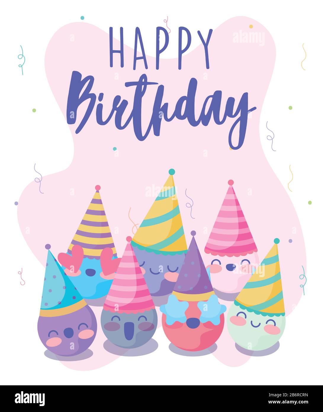 Happy birthday design with cute happy emojis with party hats over ...