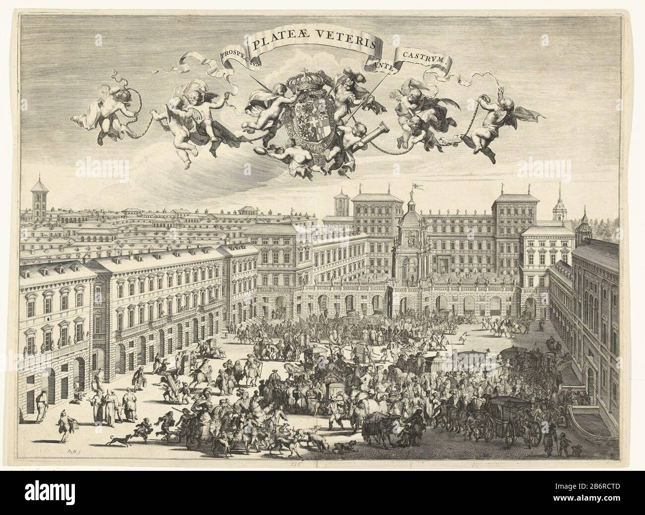Gezicht op het Piazza Castello in Turijn Prospectus plateae veteris ante castrum (titel op object) View of the Piazza Castello in Turin. In the foreground, the square packed with people and carriages. In the background a procession which passes under an arch towards a square behind it. Airborne putti carrying a heraldic weapon. In addition, a band bearing the titel. Manufacturer : print maker: Romeyn the Hooghe (indicated on object), at its design: Romeyn the Hooghe Place manufacture: The Netherlands Date: 1681 - 1682 Physical characteristics: etching material: paper Technique: etching dimensi Stock Photo