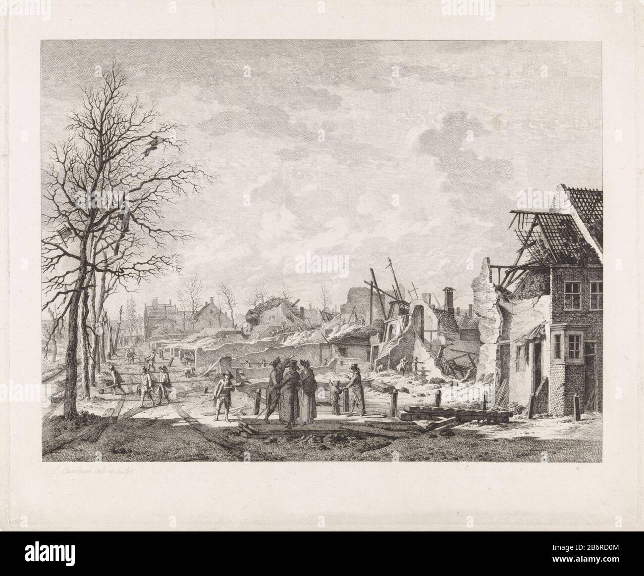 Gezicht op het Rapenburg te Leiden na de buskruitramp van 12 januari 1807 View Rapenburg Leiden gunpowder after the fatal disaster of January 12, 1807. Rescuers trying wounded mountains. For links carrying two men a body on a po. The trees along the canal depends furniture and clothing that the air thrown is. Manufacturer  by Printing printmaker Leendert Overbeek (listed building) in its design: Leendert Overbeek (listed property) Place manufacture: Haarlem Dating: 1807 - 1809 Physical characteristics: etching material: paper Technique: etching dimensions: plate edge: h 388 mm × W 470 mmToelic Stock Photo