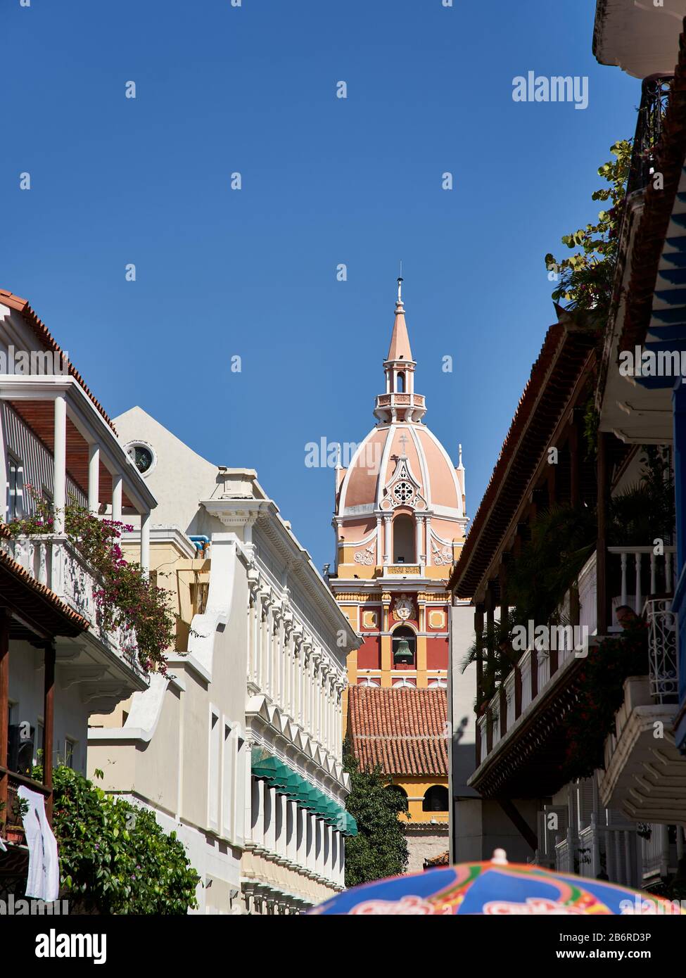 Cathedral Basilica of Saint Catherine of Alexandria tower street view in Cartagena, Colombia Stock Photo