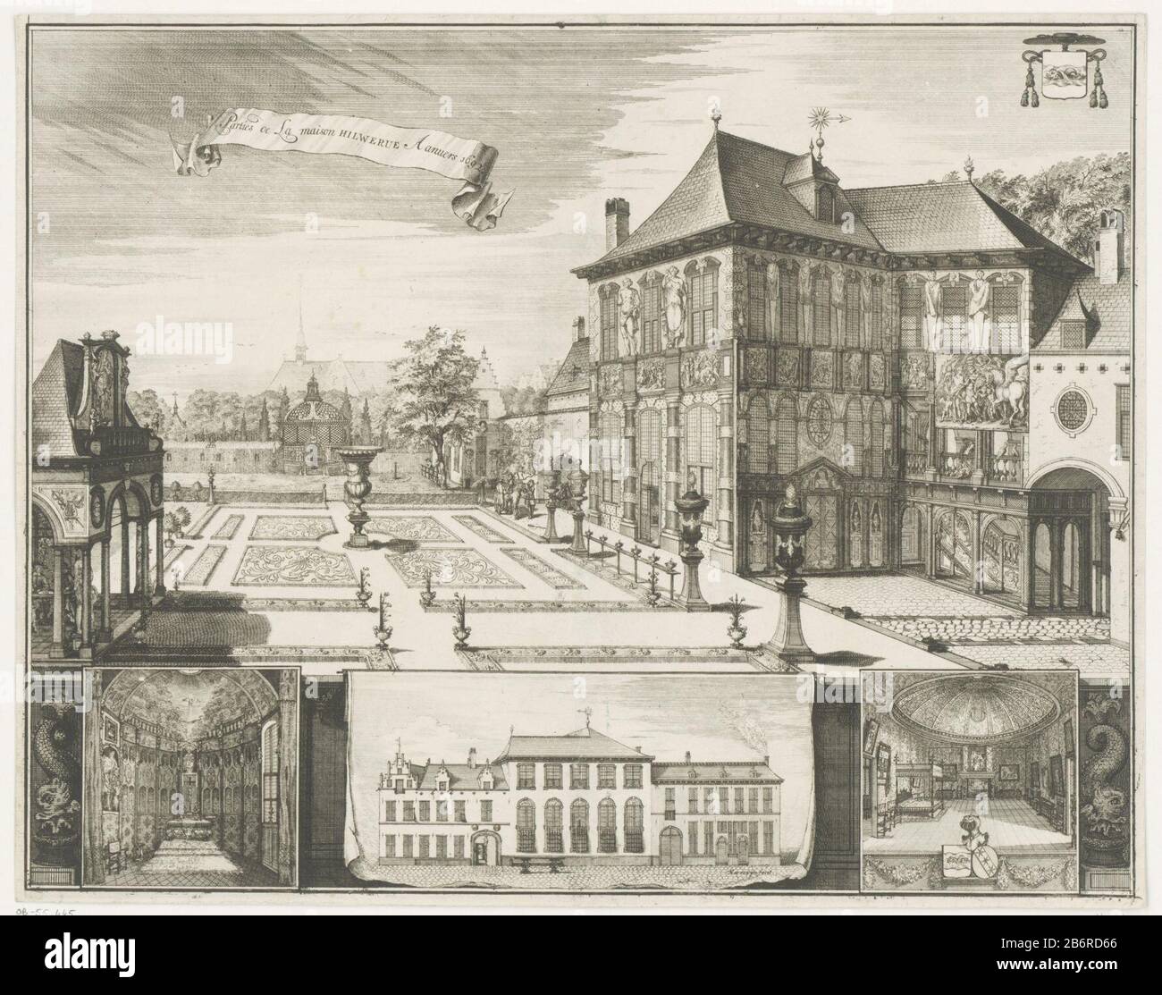 Gezicht op het Rubenshuis te Antwerpen Gezicht op huis Hilwerue te Antwerpen Parties de la maison Hilwerue Aanvers 1692 (titel op object) View of the Rubens House in Antwerp in 1692. View of the back and the garden and decorated with statues and friezes rear. At the bottom of three smaller images of the interior of the chapel, the front view of the housing and one of the interior of the sleeping area with koepel. Manufacturer : print maker: Jacobus Harrewijn (indicated on object) print maker: François Harrewijn (rejected attribution) to drawing of: Jacques van Croes (possible) Place manufactur Stock Photo