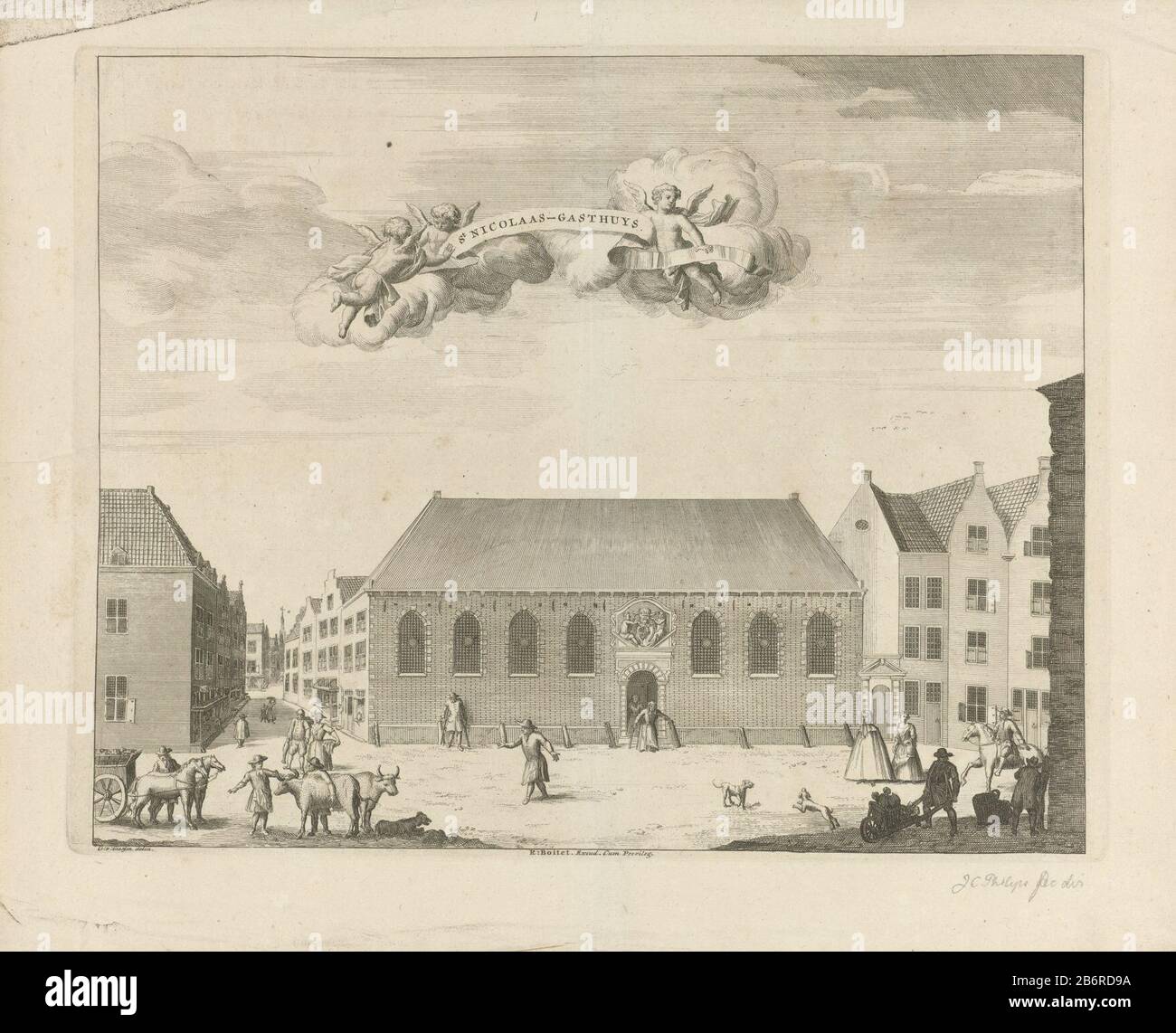 Gezicht op het Sint-Nicolaas Gasthuis te Den Haag St Nicolaas-Gasthuys (titel op object) View of St. Nicholas Hospital in the Hague in the foreground various figuren. Manufacturer : printmaker: anonymous to drawing: Gerrit van Giessen (listed building) publisher: Reinier Boitet (listed building) publisher: Adrianus Douci Pietersz Provider of privilege: unknown (indicated on object) Place manufacture: to order of: The Hague Publisher: Delft Publisher: Amsterdam Date: 1730 - 1736 Material: paper Technique: etching / engra (printing process) Measurements: plate edge: h 276 mm × W 350 mmToelichtin Stock Photo