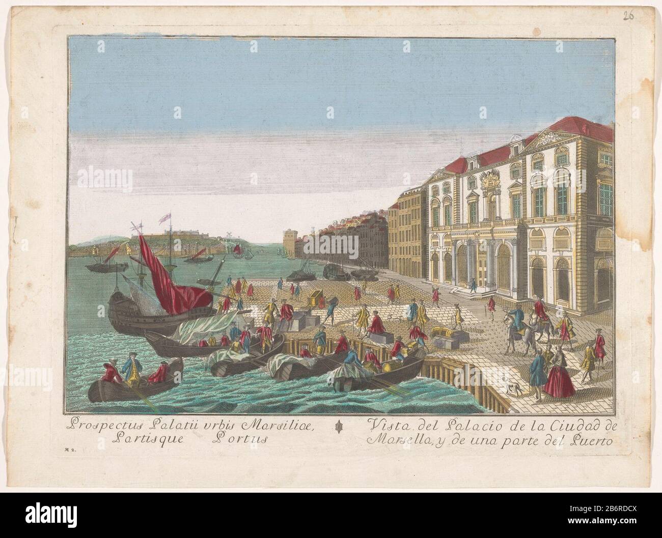 Gezicht op het Stadhuis en de haven te Marseille Vista del Palacio de la Ciudad de Marsella, y de una parte del puerto (titel op object) On water are ships and boats. On the right are groups of figures with goods on the waterfront. Bottom left numbered M 2. Manufacturer : publisher: family Remondini (attributed to) printmaker: anonymous place manufacture: Publisher: Bassano del Grappa Print Author: Italy Date: 1700 - 1799 Physical features: colored etching material: paper watercolor technique: Etching / brush dimensions: plate edge: H 315 mm b × 424 mm Subject: sea (seascape) (+ landscape with Stock Photo