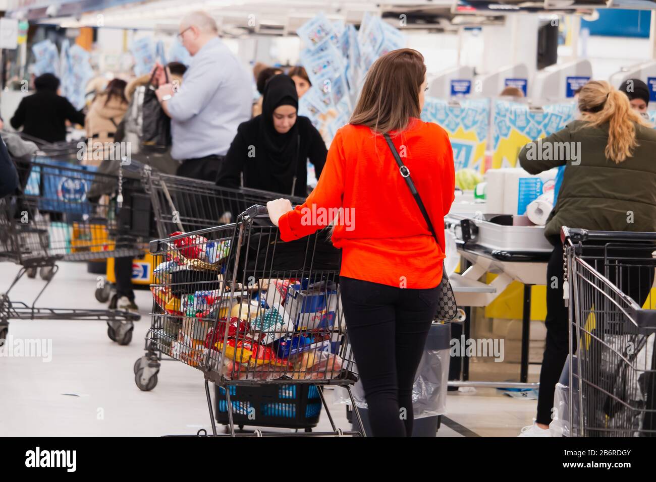 Ishoj, Denmark - March 12 2020: People rushing to supermarkets after in Denmark was announced pandemic Stock Photo