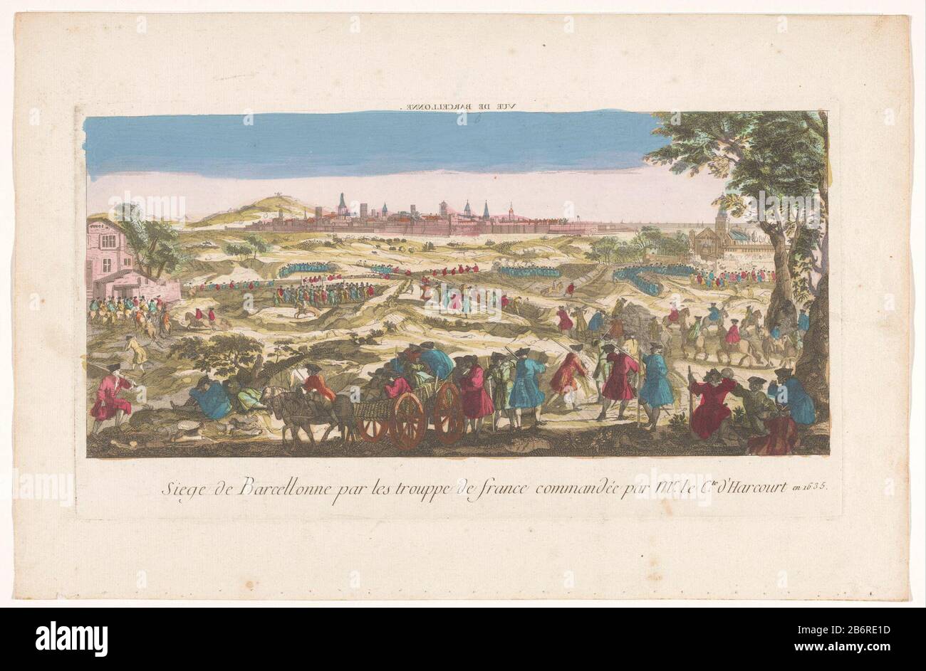 View of the siege of Barcelona by the French in the 1635Siege Barcellonne par les trouppe de France commandée par le Mr. Cte.. d'Harcourt and 1635 (title object) Property Type: print optics picture Item number: RP-P-1925-1171 Inscriptions / Brands: collector's mark, verso lower right, stamped: Lugt 2166watermerk Manufacturer : Publisher: anonymous printmaker: anonymous Date: 1700 - 1799 Physical features: colored etching material: watercolor paper Technique: etching / brush dimensions: plate edge: h 232 mm × W 427 mm Subject: attack  siege French-Spanish war where: 1635 - 1635 Stock Photo
