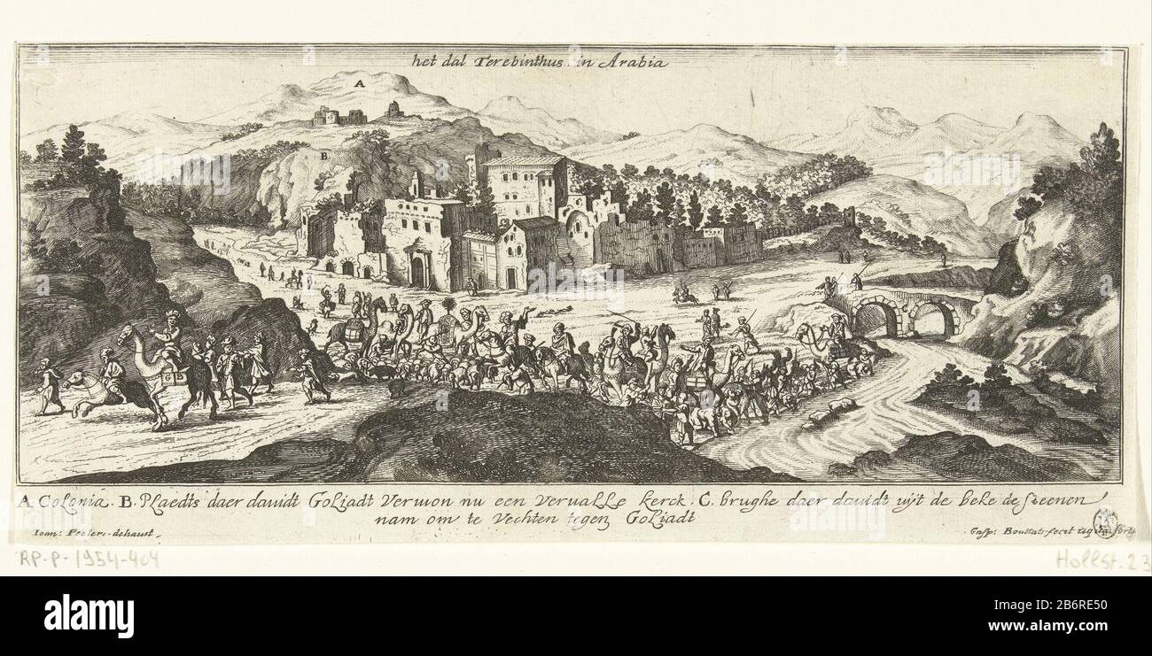 Gezicht op het dal van Elah Topografische afbeeldingen van het Midden-Oosten (serietitel) View of the valley of Elah to some places that are associated with the fight between David and Goliath (1 Samuel 17). A caravan goes through the valley The print has a Dutch team with references to places in the prent. Manufacturer :. Printmaker: Gaspar Bouttats (listed property) to drawing: Jan Peeters (I) (listed building) Publisher: Jan Peeters (I) (listed building) Place manufacture: Antwerp Date: 1672 Physical features: etching material: paper Technique: etching dimensions: sheet: h 118 mm × W 264 mm Stock Photo