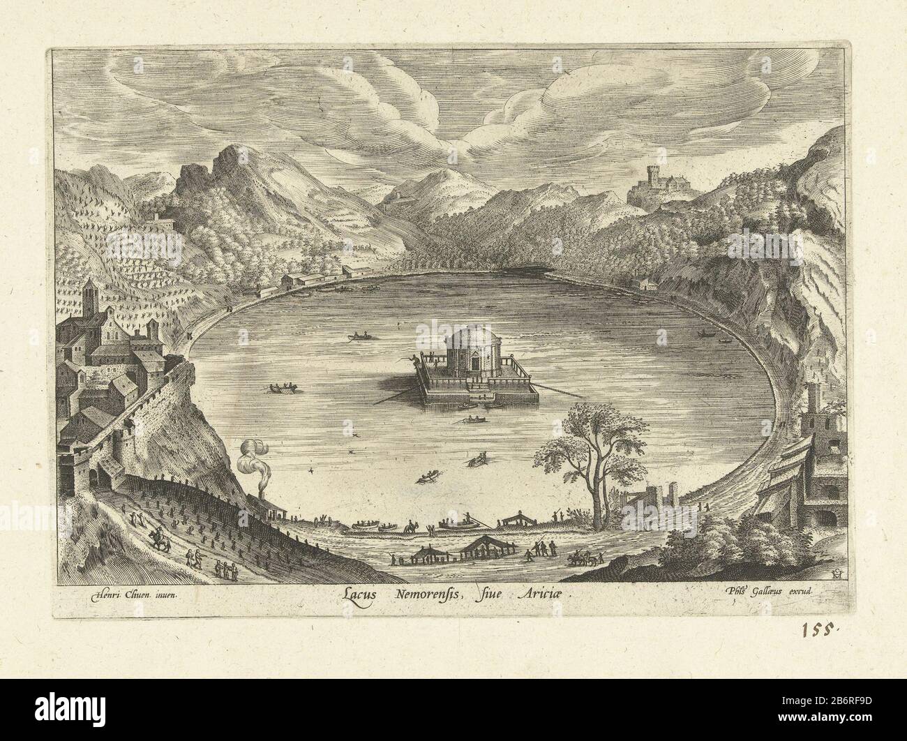 Gezicht op het meer van Nemi Lacus Nemorensis, sive Ariciae (titel op object) Ruinarum varii prospectus (serietitel) View of the lake Nemi with a temple in the middle of the lake. On the lake a few ships. The print is part of a series of different places in the Mediterranean afbeeldt. Manufacturer : to design: Hendrick van Cleve (listed building) printmaker: anonymous editor: Philip Galle (listed property) Place manufacture: to design: Antwerp Print Author: Antwerp Publisher: Haarlem Date: 1585 Physical characteristics: engra material: paper Technique: engra (printing process) Measurements: pl Stock Photo