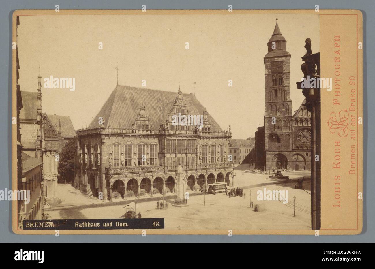 Gezicht op het stadhuis en de Dom van Bremen Rathhaus und Dom (titel op object) Gezicht op het stadhuis en de Dom van BremenRathhaus und Dom (titel op object) Object Type : foto kabinetfoto Objectnummer: RP-F-F19944 Inscriptions / Merken: adres, recto, gedrukt: ‘Bremen, auf der Brake 20.’nummer, recto, geplakt: ‘48.’ Manufacturer : fotograaf: Louis Koch (vermeld op object)Plaats manufacture: Bremen Dating: 1880 - 1900 Material: karton fotopapier Techniek: albuminedruk Dimensions: secundaire drager: h 107 mm × b 166 mm Subject: city-view in general; 'veduta'church (exterior)townhall Stock Photo