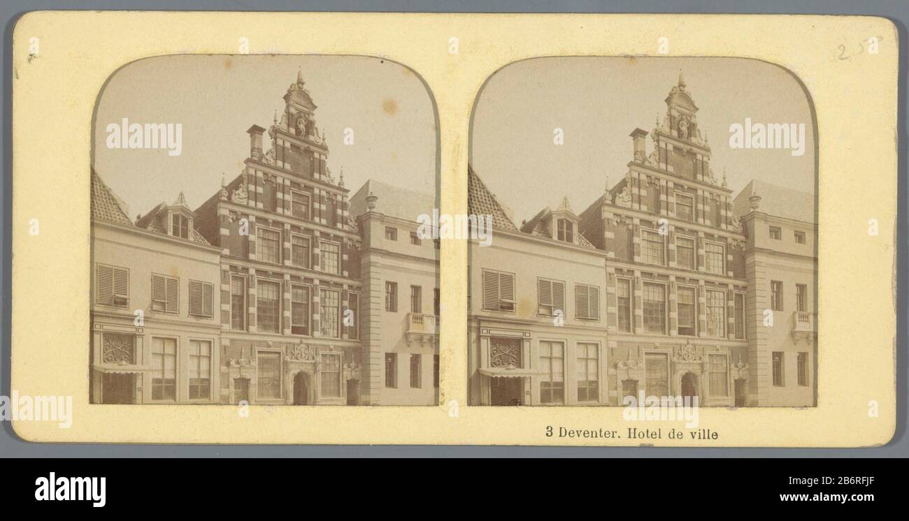 Gezicht op het stadhuis van Deventer Deventer Hotel de ville (titel op object) View of the City Hall of Deventer. Hotel de ville (title object) Property Type: Stereo photo (tissue) Item number: RP-F F09209 Inscriptions / Brands: number, recto, printed: '3'nummer, verso, stamped' 89' Manufacturer : Photographer: anonymous place manufacture Deventer Dating : ca. 1855 - ca. 1875 Physical characteristics: cut albumin pressure, stuck on colored transparent paper; between cardboard material: paper cardboard paper Technique: albumen print / cut dimensions: Secondary medium: H 88 mm × W 178 mm Subject Stock Photo