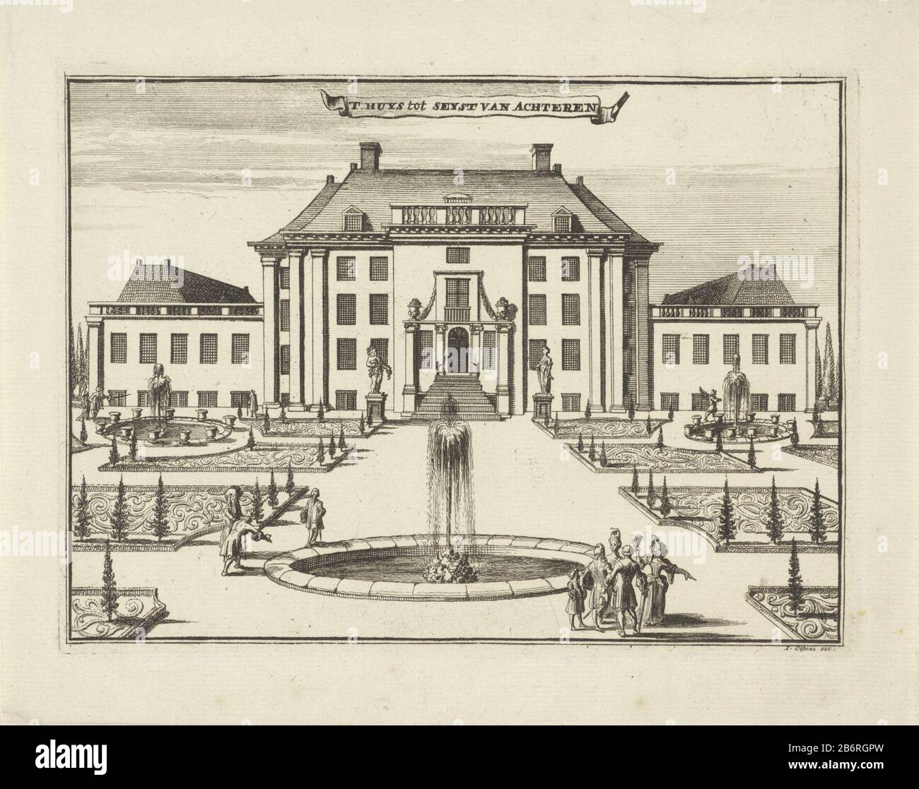 Gezicht op slot Zeist van de achterzijde 'T Huys tot Seyst van achteren (titel op object) View of the rear of slot Zeist, with elegant figures in a fontein. Manufacturer : printmaker Jan van Vianen print Author: Reinier Vinkeles (I) (rejected attribution) designed by Caspar Specht Publisher: Reinier Ottens (I) and Joshua (listed property) Place manufacture: Amsterdam Date: 1698 and / or 1725 - 1751 Physical features: etching and engra material: paper Technique: etching / engra (printing process) Dimensions: plate edge: h 154 mm × W 210 mmToelichtingEerste is used in print: Specht, Caspar. Knig Stock Photo