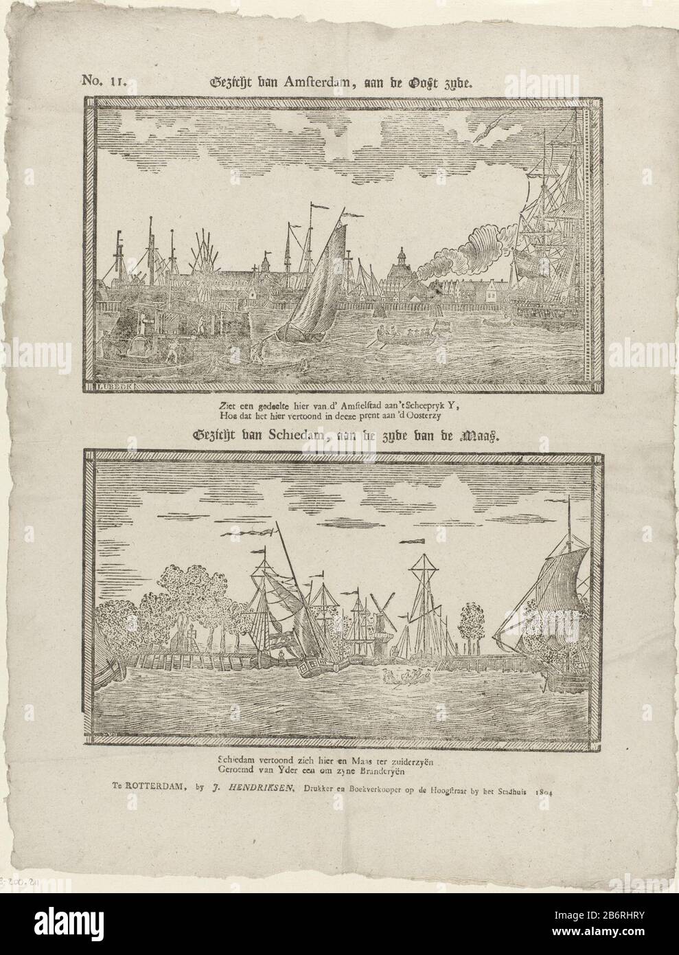 Gezicht van Amsterdam, aan de oost zyde Gezicht van Schiedam, aan de zyde van de Maas (titel op object) Leaf with two performances. Above: a view of Amsterdam. Below: a view of Schiedam from the Meuse seen. Under each show a two-line signature. Numbered top left: No. 11. Manufacturer : printmaker: Hermanus van Lubeek (listed building) publisher: Jan Hendriksen (listed property) Place manufacture: Rotterdam Date: 1804 Physical features: woodcut and text printing material: paper Technique: woodcut / printing sizes: sheet: H 414 mm × b 317 mm Subject: internships (in general) Where: Amsterdam Sch Stock Photo