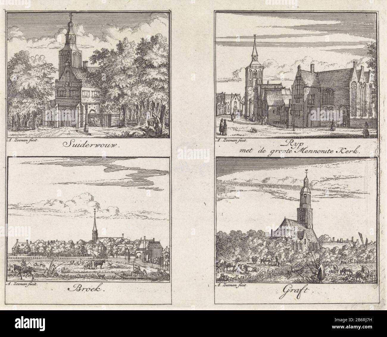 Gezichten op Zuiderwoude, Broek in Waterland, De Rijp en Graft Suiderwouw Broek Rijp met de groote Mennonite kerk Graft (titel op object) Four performances on a leaf. Above left: View of Marken. Bottom left: View of Broek in Waterland. Right: View of the church of Graft. Bottom right: View Graft. Manufacturer : printmaker Abraham Seaman (listed property) Place manufacture: Amsterdam Date: 1732 Physical features: etching; uncut sheet material: paper Technique: etching Dimensions: sheet: H 146 mm × W 182 mmToelichtingDe performances are used in two pages of Brown, Claas. Noordhollandsche Arkadia Stock Photo