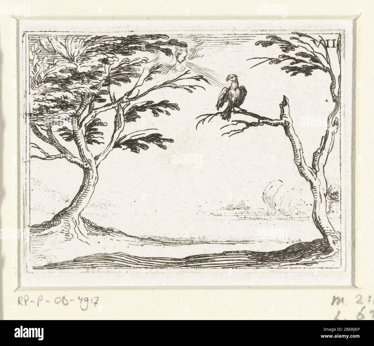 Gier in de wind Leven van Maria in emblemen (serietitel) Presentation of a vulture on a tree branch. A face in a cloud blows to him. This chapter is part of the emblem series 'Life of Mary in emblems. The first condition of this series includes in addition to a title page and 26 emblems also three blades with hymns to Mary in letterpress without afbeelding. Manufacturer : printmaker Jacques Callotuitgever: François Langlois Place manufacture: printmaker Nancy Publisher: Paris Date: 1625-1629 and / or 1646 Physical features : etching material: paper Technique: etching dimensions: plate edge: h Stock Photo