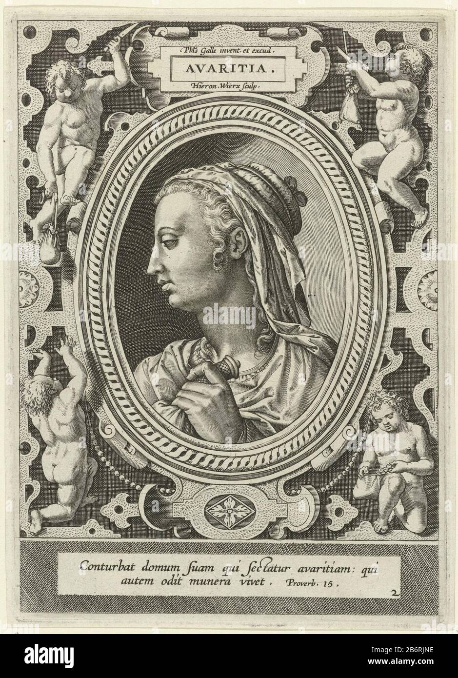 Gierigheid Avaritia (titel op object) Zeven hoofdzonden (serietitel) VII Peccatorvm Capitalivm Imagines Elegantissime () (serietitel) Bust of the female personification of Avarice (Avaritia). In her hand she holds a scholarship sticks. The idea is contained in a cartouche, surrounded by putti. In the frame in the margin of a two-line Bible Quotation from Prov. 15 in Latijn. Manufacturer : printmaker: Jerome Who: rix (listed property) designed by Philips Galle (listed building) publisher: Philip Galle (listed property) Place manufacture: Antwerp Date: 1563 - Characteristics 1612 Physical: car m Stock Photo