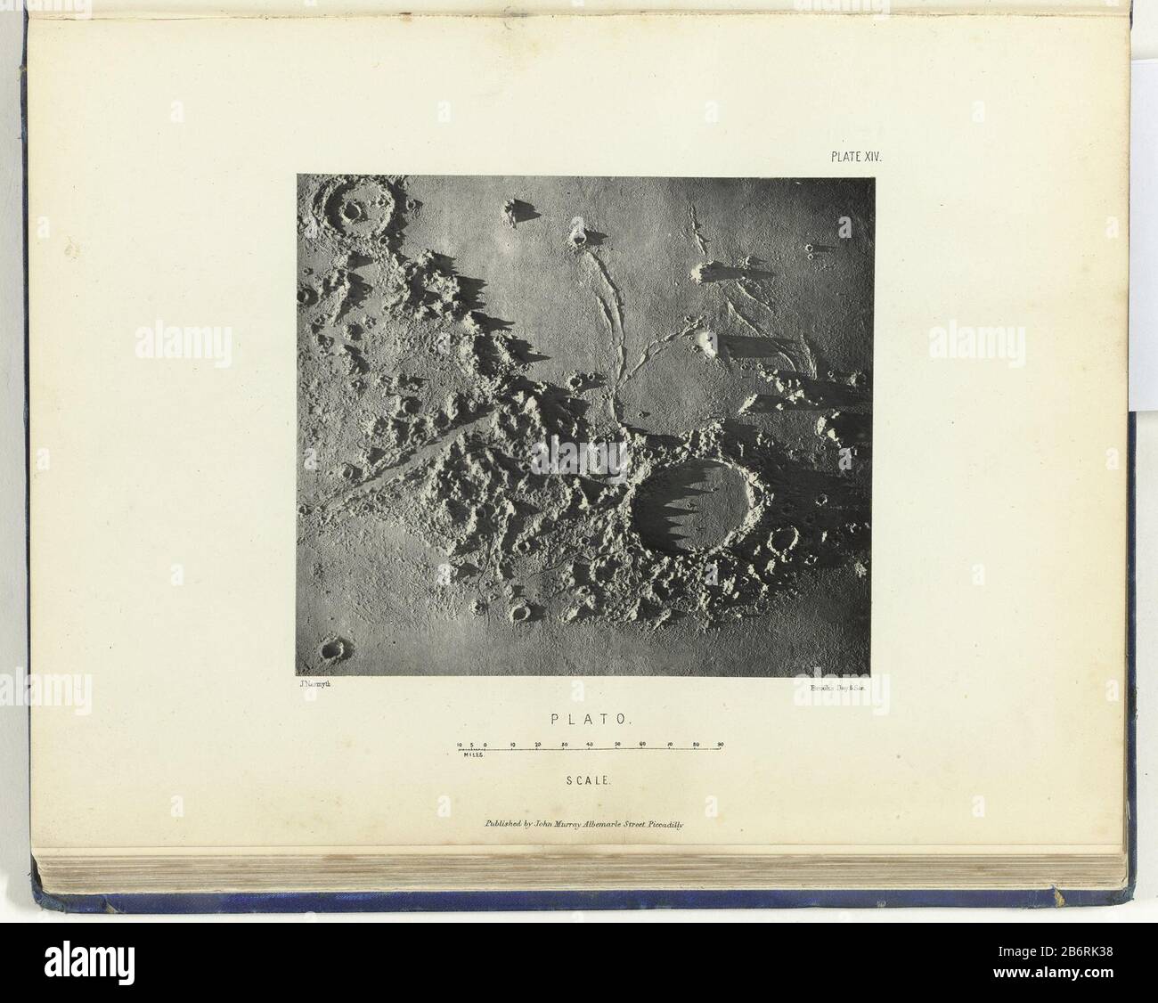 Gipsmodel van de maankrater Plato, van bovenaf gezien Plato (titel op object) Gypsum model of the lunar crater Plato, seen from above plato (title object) Property Type: photomechanical print page Item number: RP-F 2001-7-489-15 Inscriptions / Brands: number, recto, printed 'Plate XIV.'opschrift, recto, printed: 'scale.', the text above a scale in miles name, recto, printed: 'Published by John Murray, Albemarle Street, Piccadilly.' Manufacturer : photographer: James Nasmyth (listed building) clichémaker : anonymous printer: Day & Son, Vincent Brooks (listed building) Publisher: John Murray (li Stock Photo