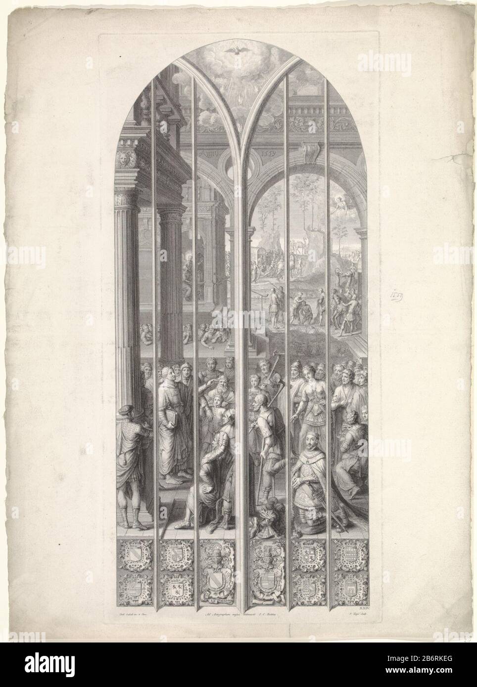 Glasraam 24 in de Sint-Janskerk te Gouda Filippus predikend, genezend en dopend Goudse glazen (serietitel) the twenty-glass window in the St. John's Church in Gouda with the idea of Philip preaching with a book under his arm for a crowd. Lame come to him for healing. In the background, in a departure Philip gets an angel instructed to go to the road. Then Philip, the eunuch in his chariot against the Ethiopian official, he helps to read a Bible. In the middle of the dips Philip Ethiopian. Right in front Count Philip de Ligne, lord of Wassenaar, the giver of glasraam. Manufacturer : printmake Stock Photo