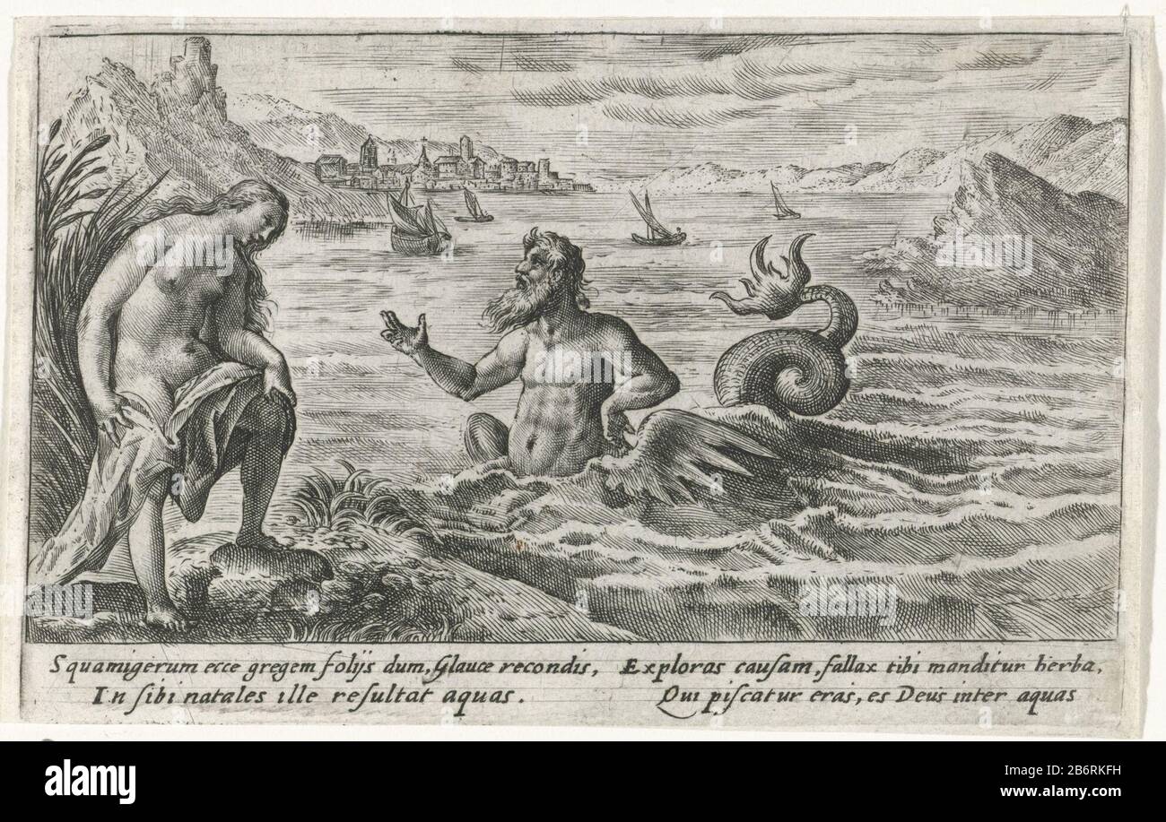 Glaucus en Scylla Metamorfosen van Ovidius (serietitel) The sea centaur Glaucus is in love with the sea nymph Scylla, but she fled him. In the margin of a four-line signature, in two columns, in the Latijn. Manufacturer : print maker: Crispijn of de Passe (I) Place manufacture: Cologne Date: 1602 - 1607 Physical characteristics: engra material: paper Technique: engra (printing process) Measurements: plate edge: h 83 mm × W 130 mm Subject: Scylla fleeing from Glaucus Stock Photo