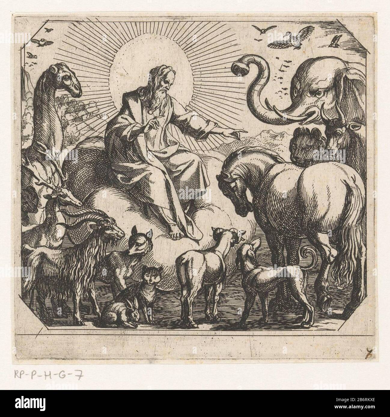 God schept de dieren op het land De schepping (serietitel) God the Father  sits on a cloud and surrounded by animals such as an elephant, a horse, a  goat, a wolf and