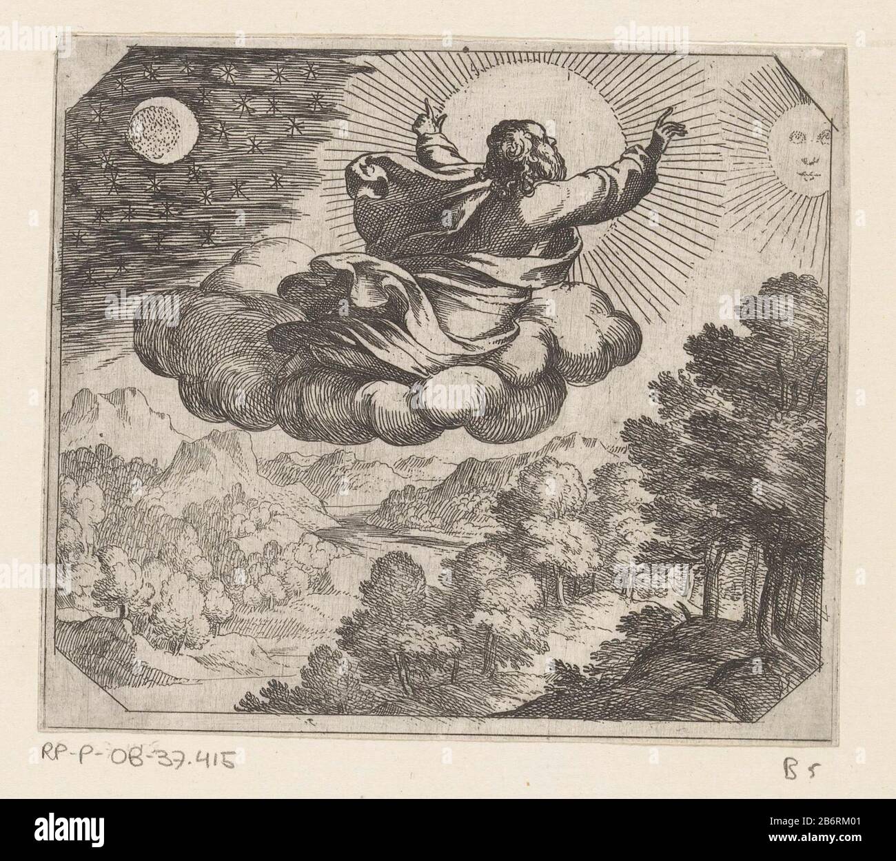 God schept de zon, de maan en sterren De schepping (serietitel) God the Father, seen from the back, floating on a cloud above a landscape. He creates the sun, moon and