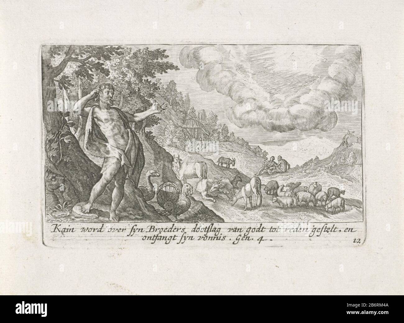 God Cain calls to account after he has slain Abel. The figure of God the Father in this edition of the plate scratched. In the margin a two-line caption in Nederlands. Manufacturer : printmaker: Crispijn of Passe (I) Publisher: Isaac Greve Place manufacture: printmaker: Utrecht Publisher: Amsterdam Date: 1700 - 1750 Physical features: car material: paper Technique: engra (printing process) Dimensions: plate edge : h 82 mm × W 131 mmToelichtingPrent also used in: Genesis Liber / Het Genesis, third edition. Amsterdam: Y. Greve. Subject: the Lord calls on Cain to account for his purchase and went Stock Photo