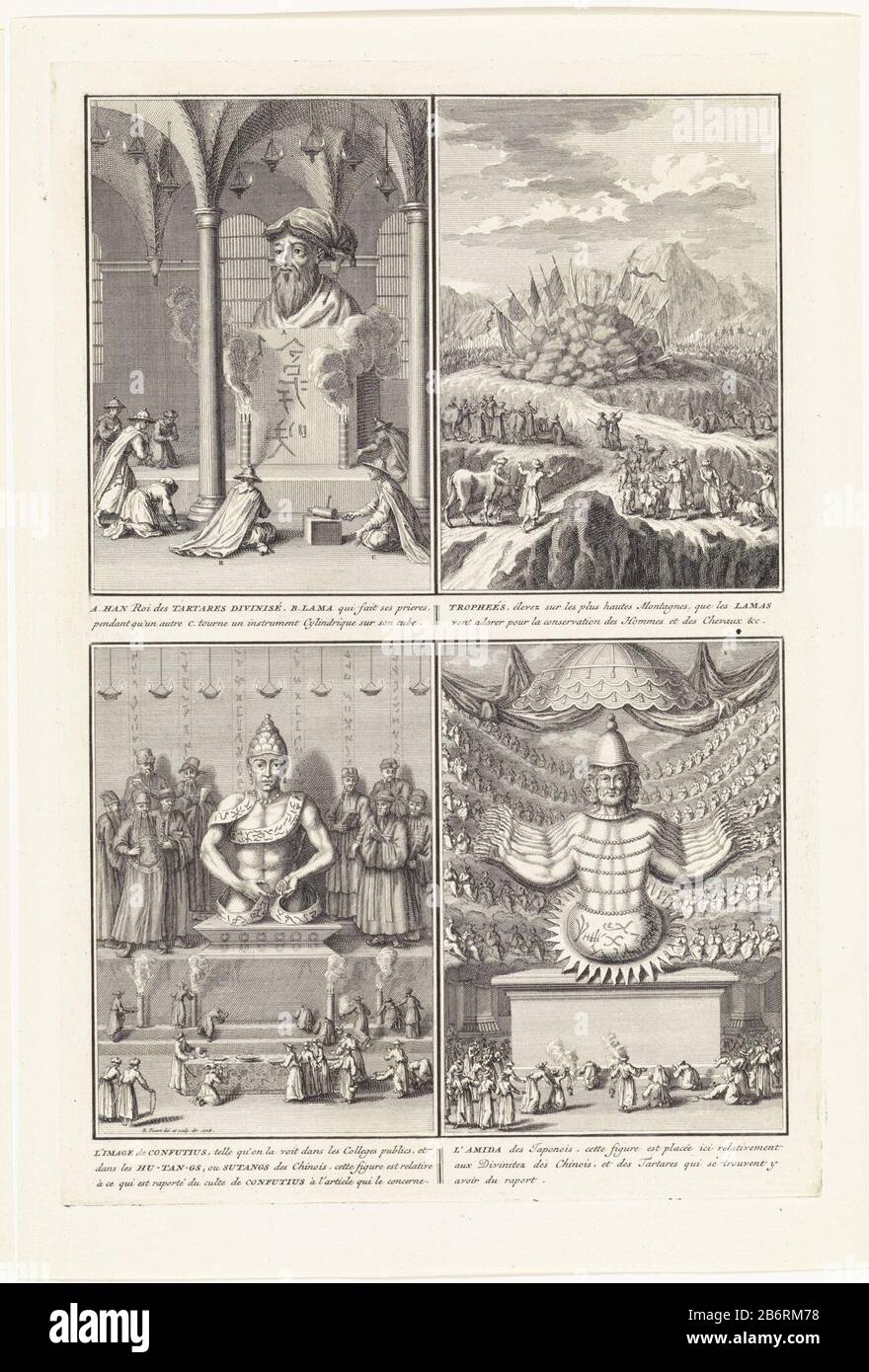 Leaf with four performances of Buddhist gods, Confucius and use in China. Top left: Picture of Han, king of the nation Tangut. For him kneels a llama or priest. Top right: Llamas prayer flags in the mountains. Bottom left: Image and worship of Confucius. Bottom right: The Japanese god Amida. Manufacturer : printmaker: Bernard Picart (studio) supervision: Bernard Picart (listed property) to drawing: Bernard Picart (listed property) Place manufacture: Amsterdam Date: 1728 Physical features: etching and engra material: paper Technique: etching / engra (printing process) Measurements: sheet margin Stock Photo