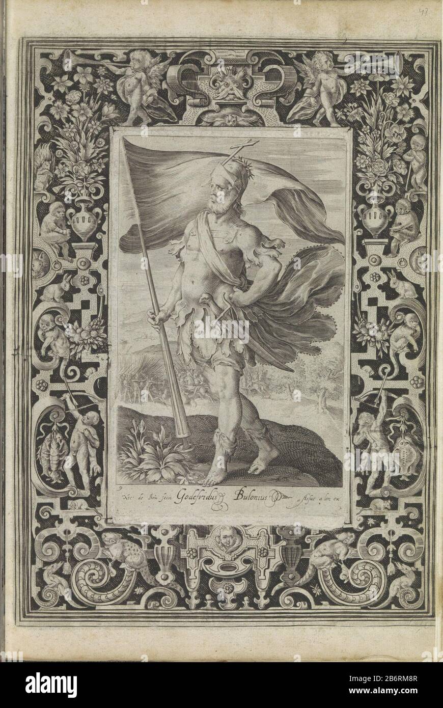 Godfried van Bouillon Godefridus Bulonius (titel op object) Negen besten  (serietitel) Godfrey of Bouillon, a famous general of the Christian era, is  a lance with banner in hands on a battlefield. He