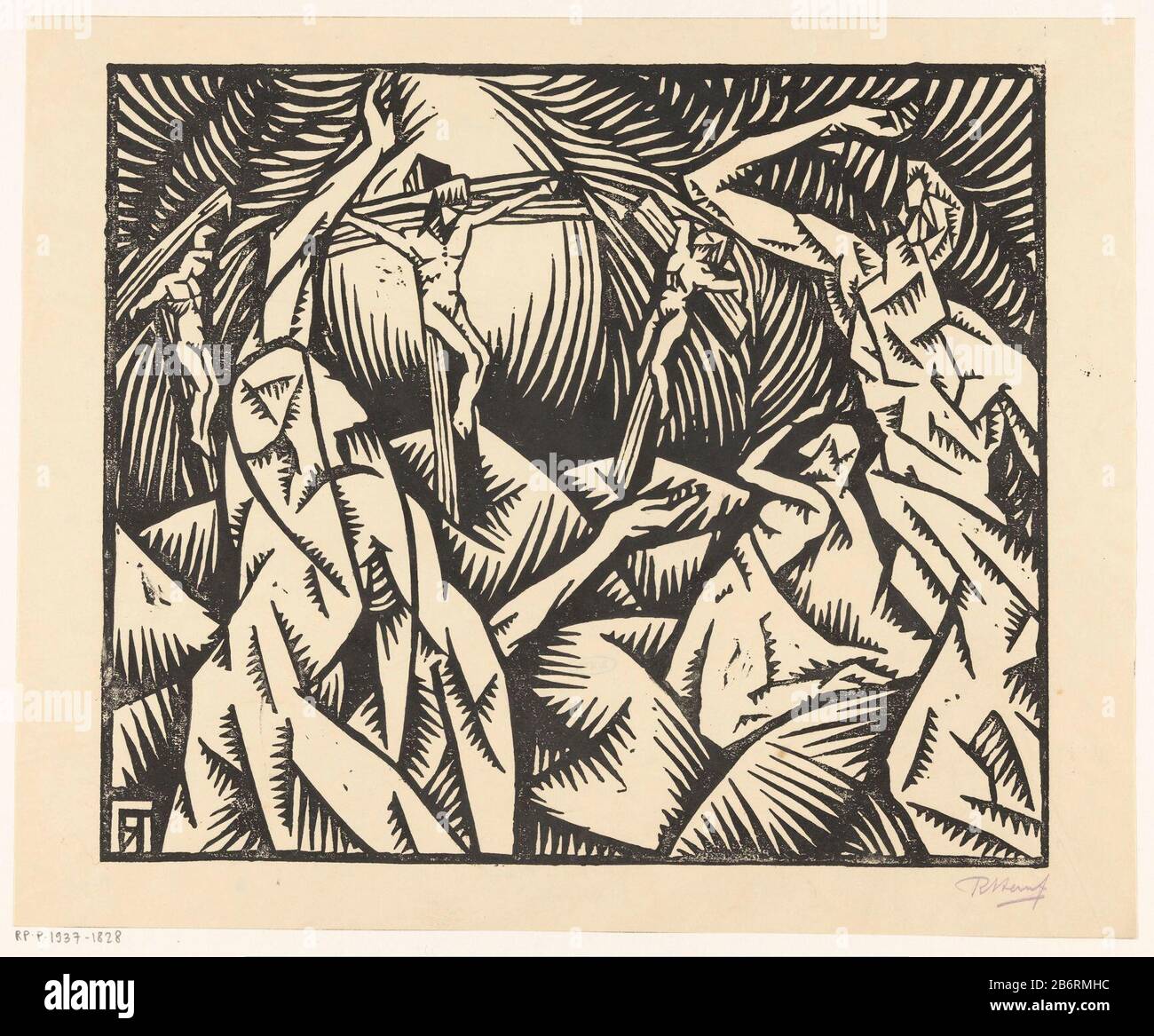 Golgotha (originele titel op object) Hill Calvary with Christ and the two criminals on the cross. For those two Marys and a bearded man. Manufacturer : printmaker Bob Hanf (personally signed) Date: 1904 - 1937 Material: paper Technique: woodcut Dimensions: sheet: H 347 mm × W 425 mm Subject: the crucifixion of Christ: Christ's death on the cross ; Calvary (Matthew 27: 45-58; Mark 15: 33-45; Luke 23: 44-52; John 19: 25-38) Stock Photo