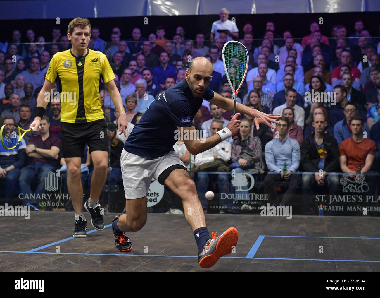 Marwan ElShorbagy (EGY) and Greg Lobban (SCO) during the Canary Wharf Squash Classic at East Wintergarden, Canary Wharf, on 11 March 2020. Photo by Vince Mignott. Credit: PRiME Media Images/Alamy Live News Stock Photo