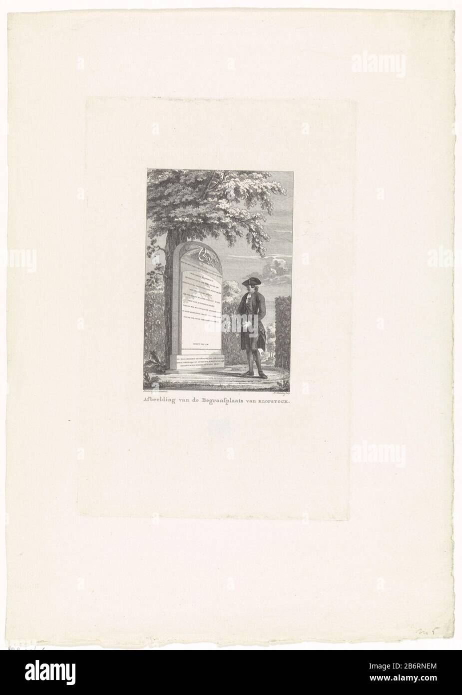 Graf van Margareta Klopstock A man stands by the gravestone of the German schrijftser Margareta Klopstock to Ottensen. Manufacturer  : print maker: Harmanus Vinkeles (indicated on object) to drawing of: Willem Bilderdijk (indicated on object) Date: 1758 - 1800 Physical characteristics: etching material: paper Technique: etching dimensions: plate edge: h 249 mm × W 161 mm Subject: grave, tomb in which: OttensenWie : Margaretha Klopstock Stock Photo