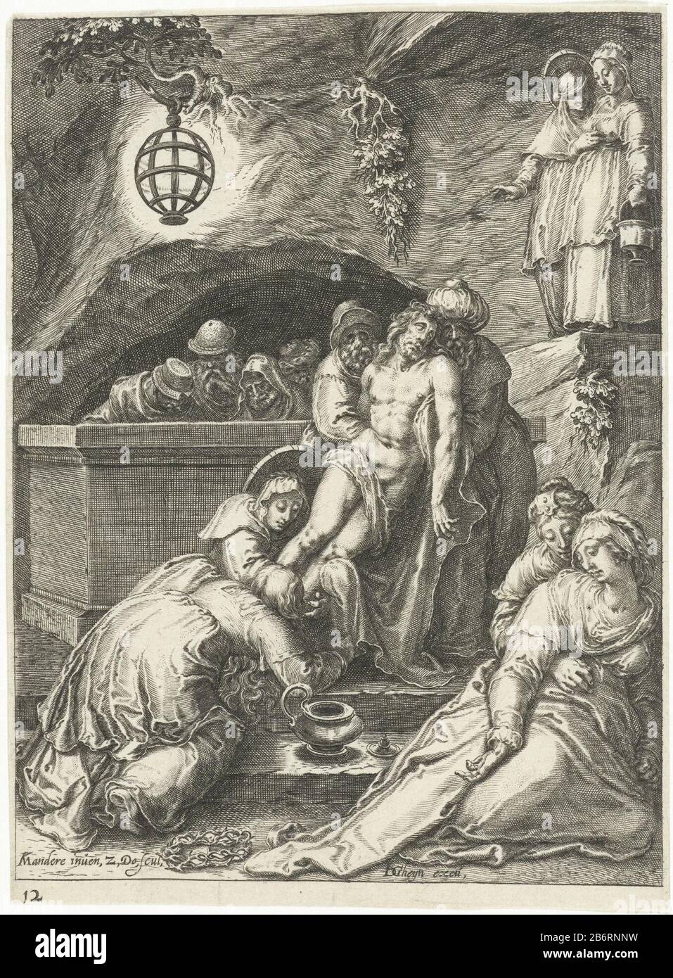 Graflegging Passie van Christus (serietitel) Mary Magdalene zalfd and kiss the feet of Christ before being lifted by two men in the grave. Mary, the mother of Christ, succumbed to her emotions and collapsed. Print from a series of 13 pictures, and a title print manufactured by Z. and J. Dolendo the Gheyn II. Manufacturer : print maker: Zacharias Dolendo (indicated on object) to a design by: Karel van Mander (indicated on object) publisher: Jacob the Gheyn (II) (listed building) Place manufacture: Leiden Date: 1596 - 1598 Physical features: car material: paper Technique: engra (printing process Stock Photo