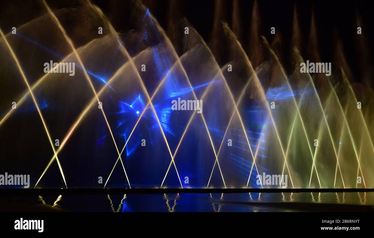 Colorful water fountains. Beautiful laser and fountain show. Large ...