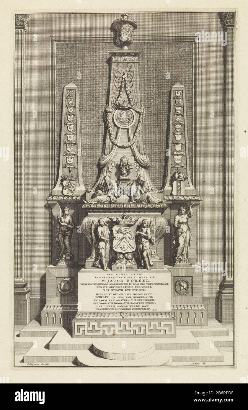Grafmonument voor Jacob Boreel Ter gedachtenisse van syn exellntie, den ed heer en Mr Jacob Boreel (titel op object) A tomb with a sarcophagus on a pedestal. Above the sarcophagus between two weepers a sculpted bust of the deceased: Jacob Boreel. On both sides of the sarcophagus an obelisk ha arms of its relatives. On the base coat of Boreel over a Dutch opschrift. Manufacturer : printmaker Jan Goeree (listed building), designed by Simon Apparent Foot (listed property) writer Simon Sham Foot (listed property) Place manufacture: Amsterdam Date: 1697 Physical features : engra material: paper Tec Stock Photo