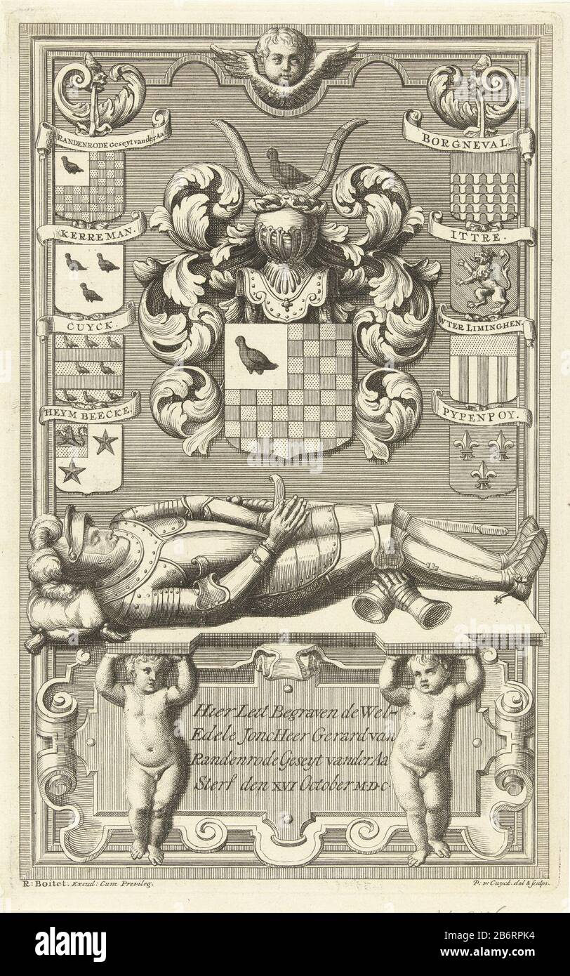 Graftombe van Gerard van Randenrode van der Aa Tomb Gerard van der Aa, esquire of Red edge in the Grote of St. James in the Hague. Van der Aa is in harness on a platform supported by two putti. Above him nine coats of arms, Where: below that of its familie. Manufacturer : printmaker Pieter van Cuyck (I) (listed building) in its design: Pieter van Cuyck (I) (listed building) publisher: Reinier Boitet (listed object) editor: Adrian Douci Pietersz Provider of privilege unknown place manufacture: printmaker Den Haag to own design: The Hague Publisher: Delft Publisher: Amsterdam Date: 1730 - 1736 M Stock Photo