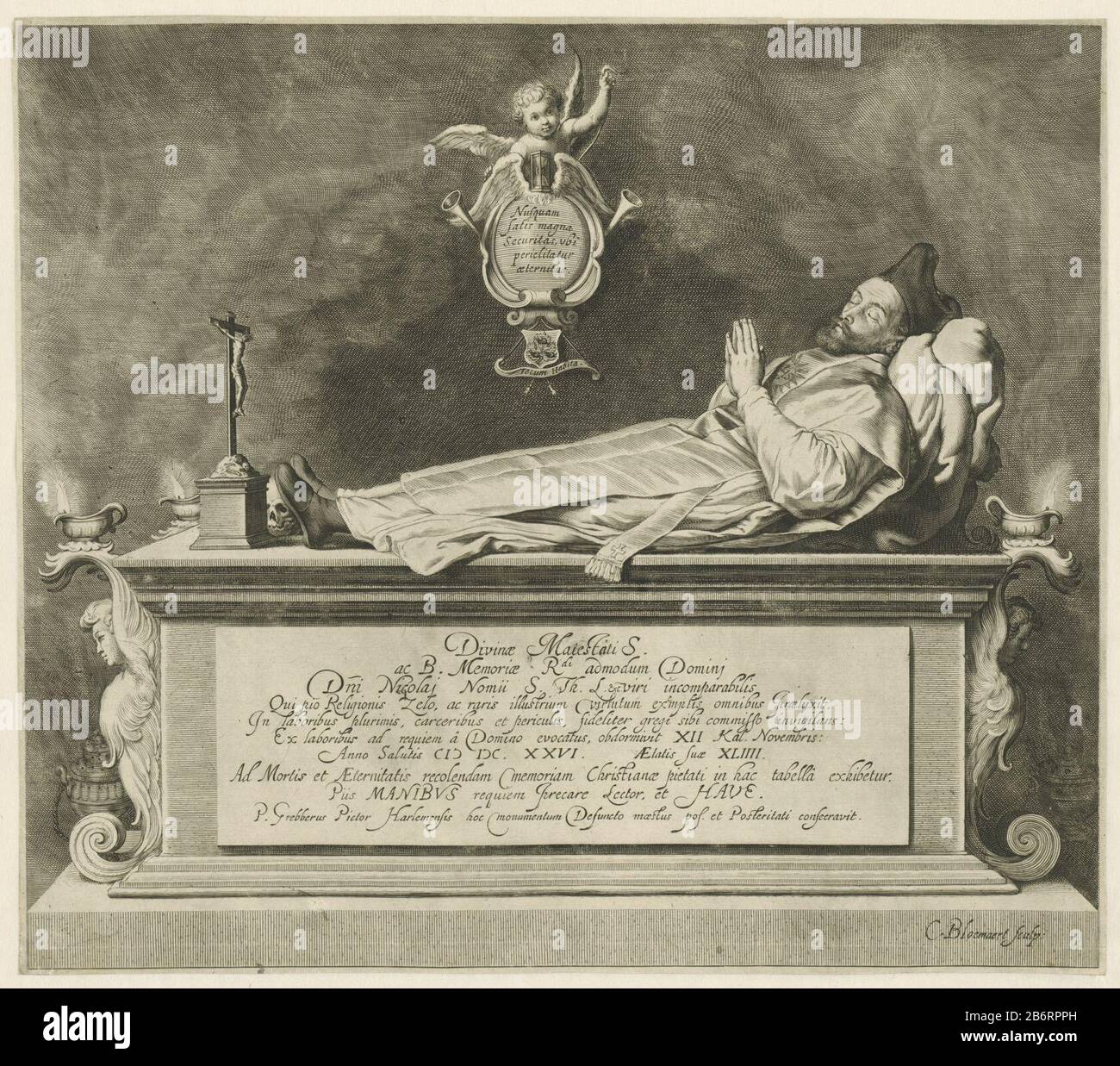 Graftombe van Nicolaes Nomius Tomb of Nicolaes nomius, with a picture of the experience gave birth to the tomb. At his feet is a crucifix and a skull. The tomb and its name titels. Manufacturer : printmaker Cornelis Bloemaert (II) (listed building) to painting by Pieter Fransz. the Grebber (listed property) Place manufacture: printmaker: Utrechtenaar painting Haarlem Dating: 1626 Physical features: car material: paper Technique: engra (printing process) Dimensions: sheet: H 294 mm × W 334 mm Subject: grave, tombeffigy, 'effigy' ( portrait-figure on closed coffin or in 'castrum doloris), transi Stock Photo