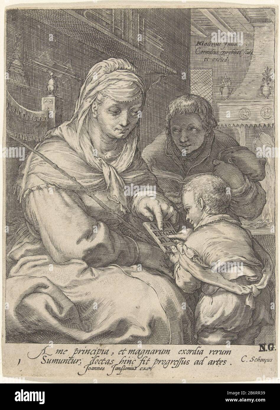 Grammatica De zeven vrije kunsten (serietitel) Grammar teaches a student the letters of the alphabet on a shelf to read. An older boy looking over her shoulder. With a Latin caption by C. Schonaeus. Manufacturer : printmaker Cornelis Jacobsz. Drebbel (listed property) designed by: Hendrick Goltzius (listed building) publisher Cornelis Jacobsz. Drebbel (listed building) publisher John Janssonius (listed property) writer Cornelius Schonaeus (listed property) Place manufacture: printmaker: Netherlands Publisher: Amsterdam Author: Haarlem Dating: 1587 - 1605 Physical features: car material: paper Stock Photo