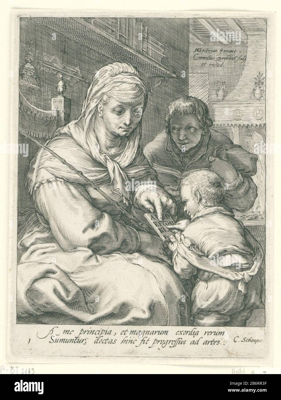 Grammatica De zeven vrije kunsten (serietitel) Grammar teaches a student the letters of the alphabet on a shelf to read. An older boy looking over her shoulder. With a Latin caption by C. Schonaeus. Manufacturer : printmaker Cornelis Jacobsz. Drebbel (listed property) designed by: Hendrick Goltzius (listed building) publisher Cornelis Jacobsz. Drebbel (listed property) writer Cornelius Schonaeus (listed property) Place manufacture: printmaker: Netherlands Writer: Haarlem Dating: 1587 - 1605 Physical features: car material: paper Technique: engra (printing process) Dimensions: plate edge: H 178 Stock Photo