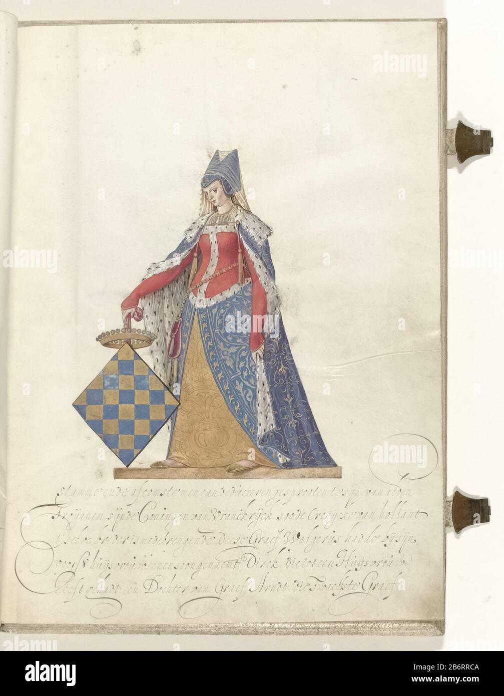 Gravin van Teisterbant Countess of Teisterbant, wife of Count Baldwin of Teisterbant. She was the daughter of the Count of Vermandois. Standing to toe with the arms of Vermandois. Part of illustrated manuscript with the genealogy of the lords and counts of Culemborg. Manufacturer : artist: Nicolaes Kemp (attributed to) author: anonymous place manufacture: Northern Netherlands Dating: ca. 1590 - ca. 1593 and / or 1600 - ca. 1625 Physical characteristics: pen or brush in colors on parchment, gouache material: parchment ink watercolor gold paint gouache (watercolor) Technique: painting / write di Stock Photo