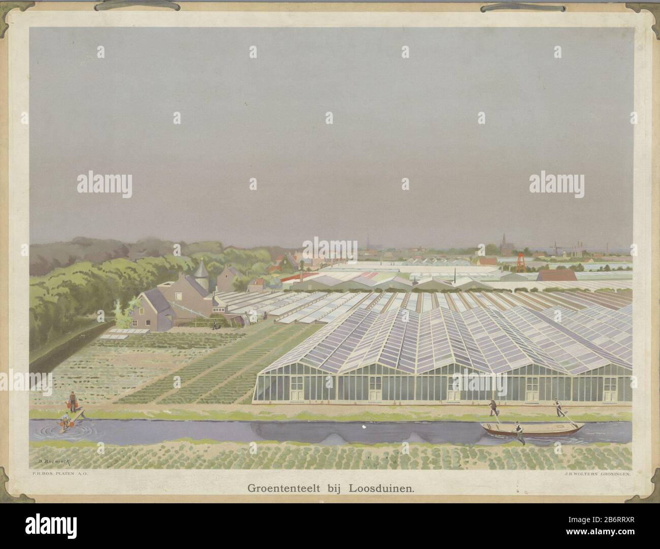 Groententeelt bij Loosduinen (titel op object) Colored school board, glued, with copper in the corners and green rope up through holes. greenhouse area. signed; l.o .: B. Beuninck. Inscriptions; l.o .: 'P. Z. Forest. Plates A.O Manufacture Creator:.. Designer: Bernardus Bueninck (listed building) publisher: J.B. Wolters (listed property) Place manufacture: designer: Netherlands Publisher: Groningen Date: 1900 - 1950 Material: paper carton Technique: print / paste Dimensions: H 63.5 cm. B × 83.5 cm. Subject When: 1900 - 1950 Stock Photo